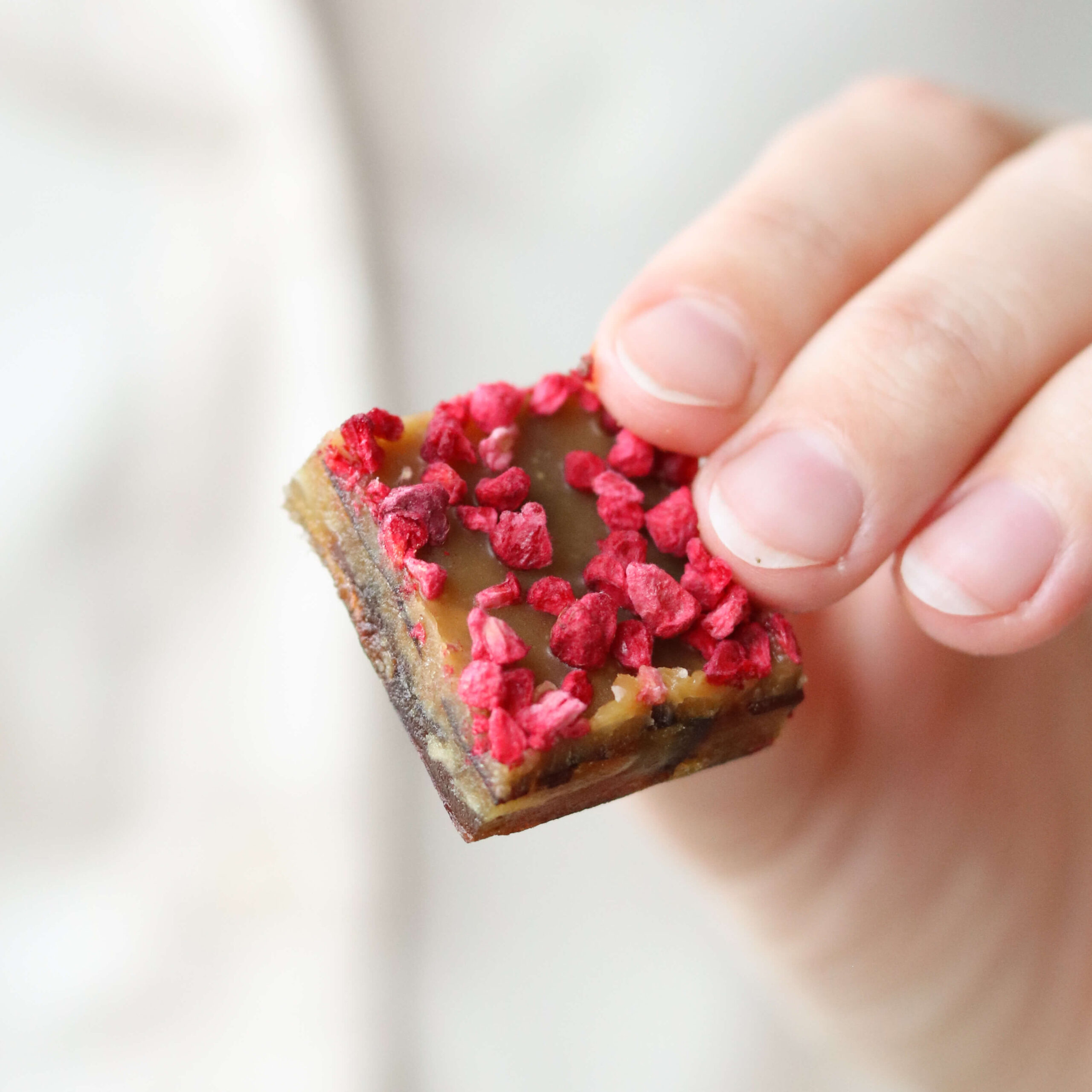 Dadelsnack med karamel og hindbær - uden raffineret sukker, vegansk